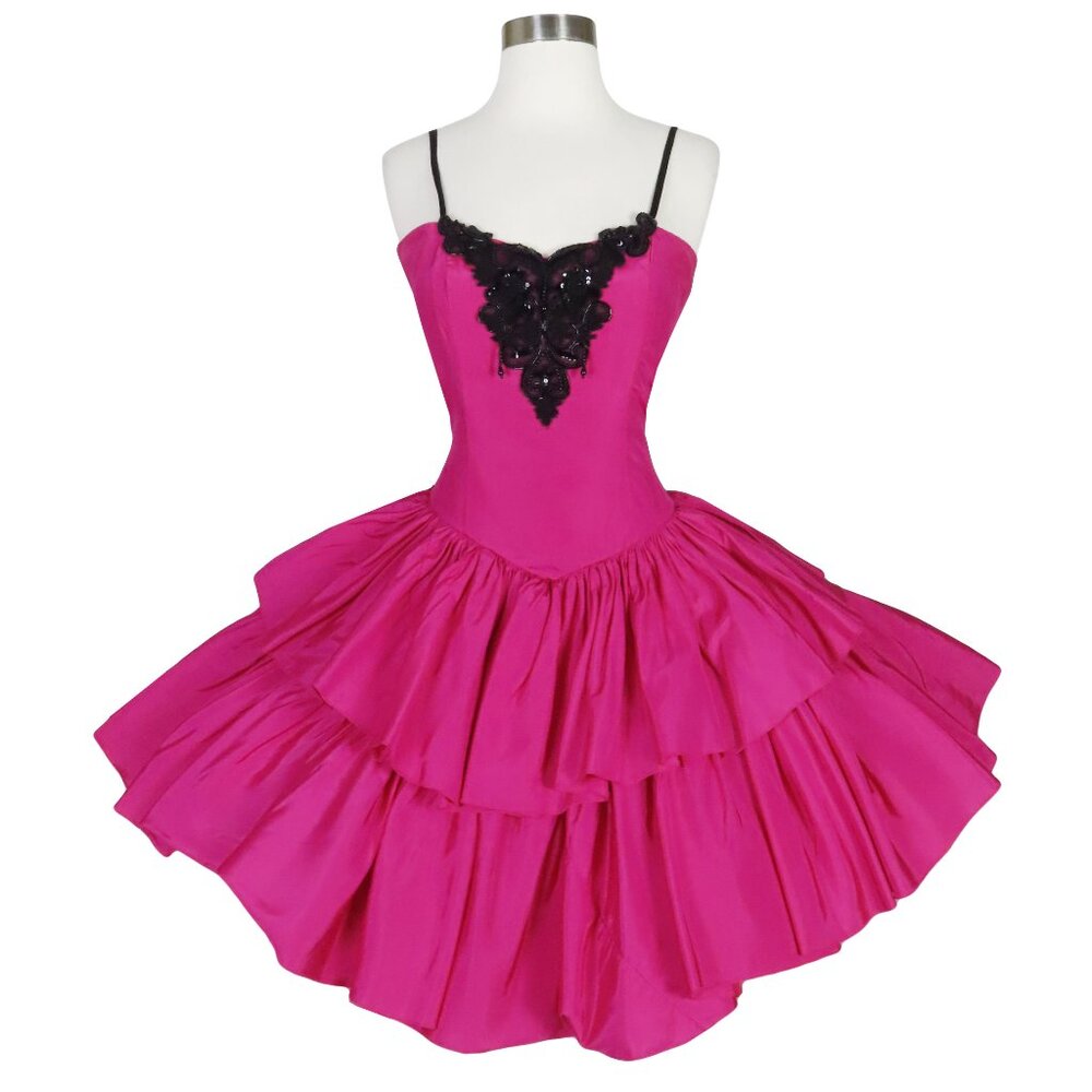 Vintage 80s Pink Black Beaded Tiered Full Skirt Prom Cocktail Party Dress S M - Picture 4 of 14